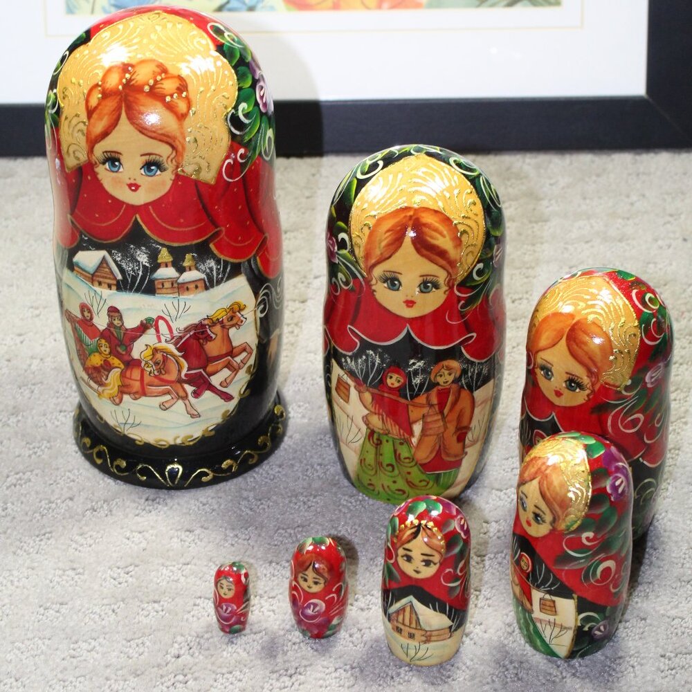 Artist Signed Hand Painted Russian Nesting Troika Scene Dolls - 7 Dolls